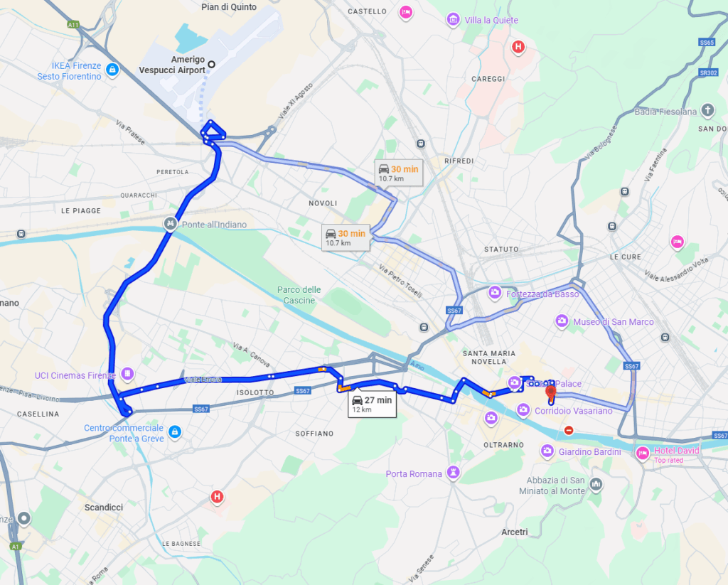 City center of Florence to airport road
