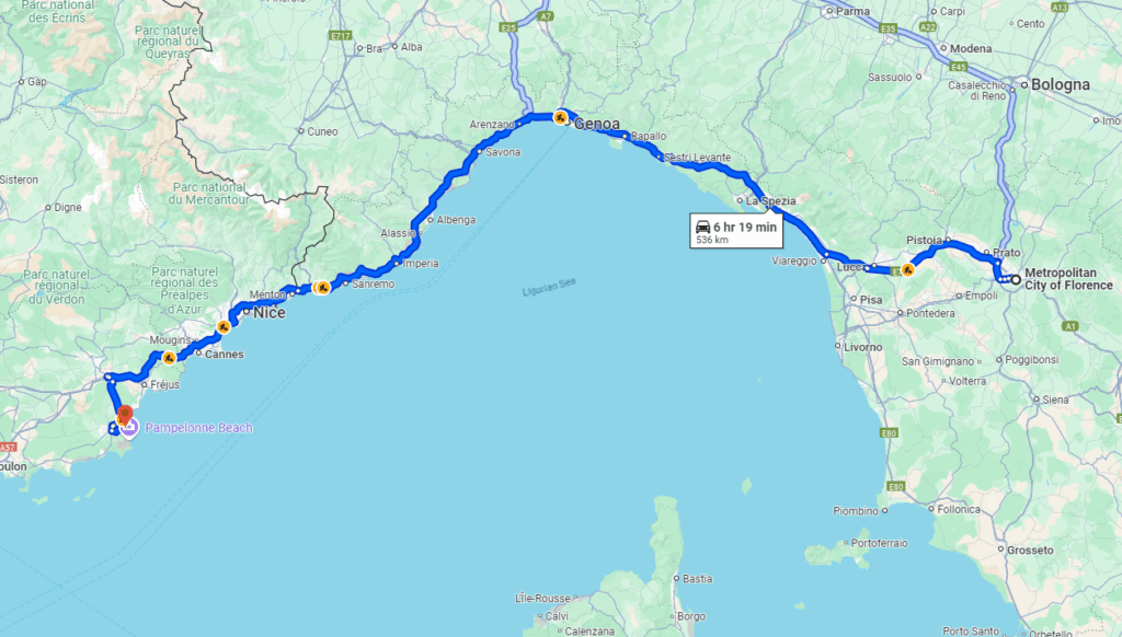 Florence to Saint Tropez road