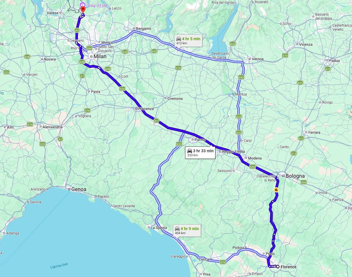 Florence to Como Lake road